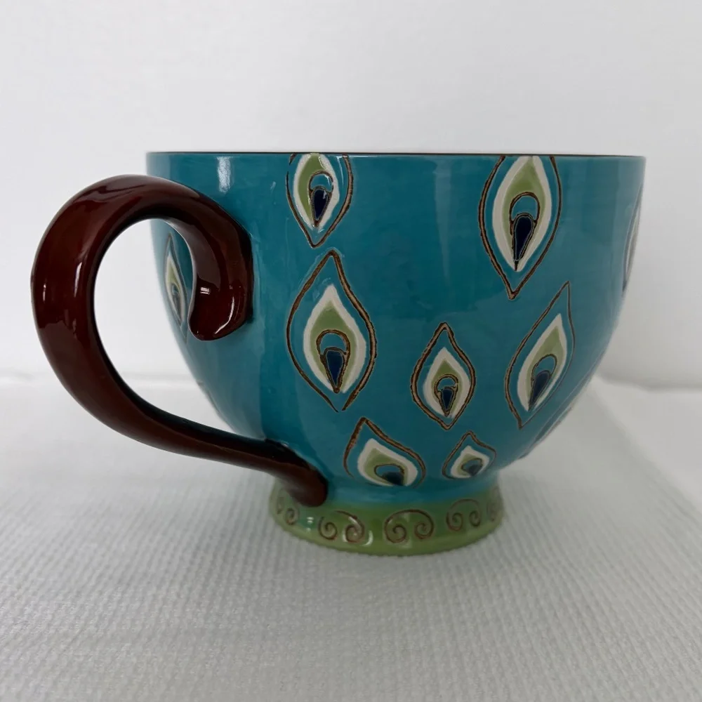 PIER 1 Dolomite Peacock Feather Hand Painted Mug Cup